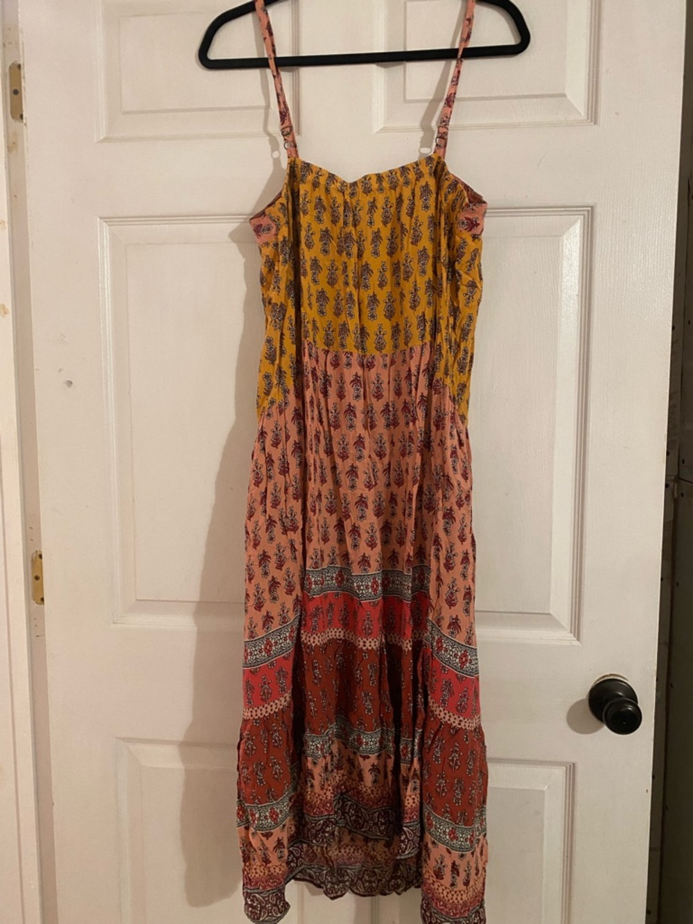 Knox Rose Tiered Boho Spaghetti Strap Maxi Dress in Yellow & Pink - Picture 2 of 3